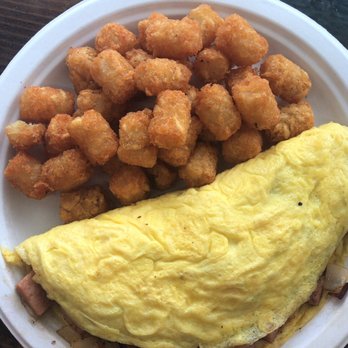 Button Up Cafe - Portugese and spam omelette with onions and mozzarella cheese. Side of tater tots - Breakfast & Brunch Near Me - Pearl City, Hawaii Button Up Cafe - Portugese and spam omelette with onions and mozzarella cheese. Side of tater tots - Breakfast & Brunch Near Me - Pearl City, Hawaii
