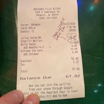 Oregano's - Wrong charge for salad and drink - Pizza Near Me - Phoenix, Arizona Oregano's - Wrong charge for salad and drink - Pizza Near Me - Phoenix, Arizona