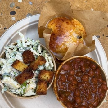 Harper Barbecue - Small sides of cornbread, beans, and cesar brussels - Barbeque Near Me - Costa Mesa, California