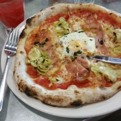 Flour & Ash - Speck, artichoke, tomato, mozzarella and egg pizza