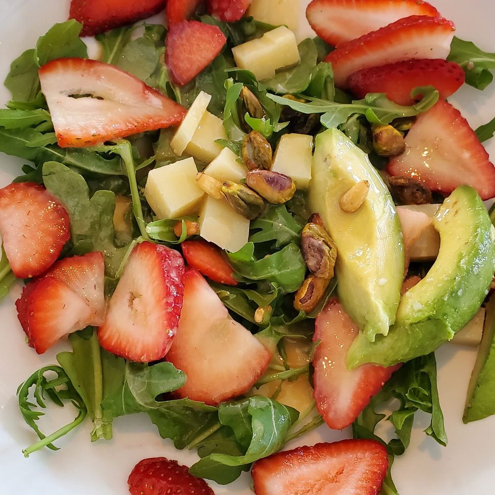 Bleu Provence - Strawberry Avocado Manchego salad with pistachios and a lemon EVOO dressing (superb!!) - French Near Me - Naples, Florida