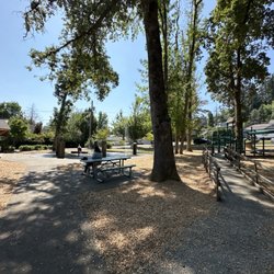 Hammerle Park - Big kid playscape, splashpad and bathroom from right to left