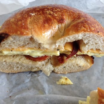 Bagels Plus - Breakfast Bagel Sandwich: Sun dried tomato bagel, egg, bacon, and cheese $4.99 - Bagels Near Me - Tampa, Florida