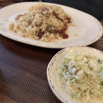 Wholly Smokin' Downtown - "Mop" pulled chicken and sausage in seasoned rice and Cole slaw with BBQ beans ( not pictured) - Barbeque Near Me - Florence, South Carolina