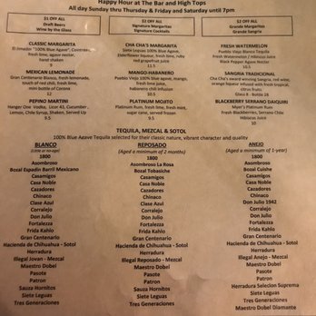 Cha Cha's Latin Kitchen - Happy hour drink menu--no prices for grande drinks disclosed. assumed it was the prices listed. Nope grande are $18 - Mexican Near Me - Irvine, California