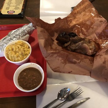 Cooper's Old Time Pit Bar-B-Que - Brisket (moist) and beef rib. Grilled corn. Jalapeño bacon Mac and cheese. Free beans. - Barbeque Near Me - Austin, Texas