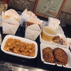 China One - Crab Rangoon, crab egg roll, shrimp mai fun, lo mein, fried dumplings, honey shrimp, egg foo young, gravy, rice, and free donuts
