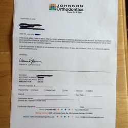 Johnson Orthodontics - Sample collection letter over a $50 balance remaining after having received over $2000 for our son's orthodontic services.