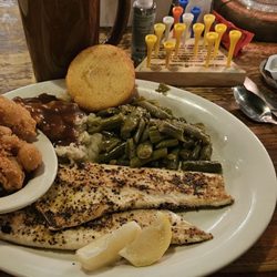 Cracker Barrel Old Country Store - Grilled Rainbow Trout, Country Fried Shrimp, Mashed Potatoes, Green Beans & Corn Muffin