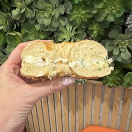Onion bagel with chive/garlic cream cheese. Doughy middle, crunchy outside... so good! Onion bagel with chive/garlic cream cheese. Doughy middle, crunchy outside... so good!