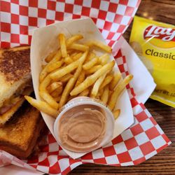 Austin's Chuckwagon Motel & General Store - Grilled bacon and cheese with a side of fries. The sauce for the fries was fantastic!