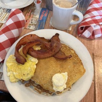 Wagon Train Coffee Shop - Chocolate chip Hotcakes with eggs and bacon, hot mocha in background, cup of gumbo - Coffee & Tea Near Me - Truckee, California Wagon Train Coffee Shop - Chocolate chip Hotcakes with eggs and bacon, hot mocha in background, cup of gumbo - Coffee & Tea Near Me - Truckee, California