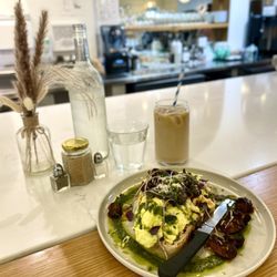 Drift Cafe - Hanover Center - Iced sugar free vanilla oat milk latte and scrambled egg toast with mushrooms and herbs.