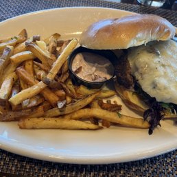 Tavern Special Cheeseburger (no tomato or onions), peppercorn aioli, and fries Tavern Special Cheeseburger (no tomato or onions), peppercorn aioli, and fries