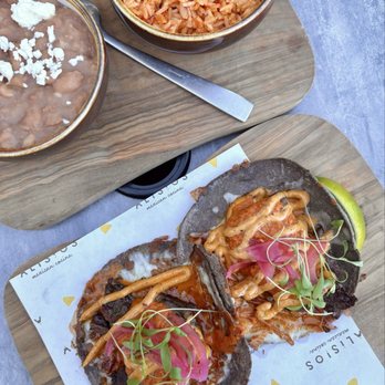 Alisios Mexicana Cocina - Tacos de Alisios: Crispy cheese crust, Wagyu beef, chili aioli, red salsa (2 pc-$22.50) + Arroz y Frijoles is from Arrachera - Mexican Near Me - Menlo Park, California Alisios Mexicana Cocina - Tacos de Alisios: Crispy cheese crust, Wagyu beef, chili aioli, red salsa (2 pc-$22.50) + Arroz y Frijoles is from Arrachera - Mexican Near Me - Menlo Park, California
