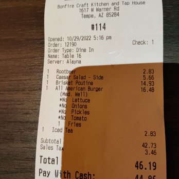 Bonfire - Bill showing Mark up for credit buy menu item. - Sports Bars Near Me - Tempe, Arizona Bonfire - Bill showing Mark up for credit buy menu item. - Sports Bars Near Me - Tempe, Arizona