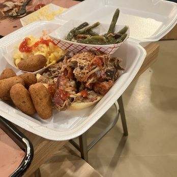The Smoke Pit - My Mac and cheese with green beans Chopped Pork Sandwich Hush Puppies Hush Basket. - Southern Near Me - Salisbury, North Carolina The Smoke Pit - My Mac and cheese with green beans Chopped Pork Sandwich Hush Puppies Hush Basket. - Southern Near Me - Salisbury, North Carolina