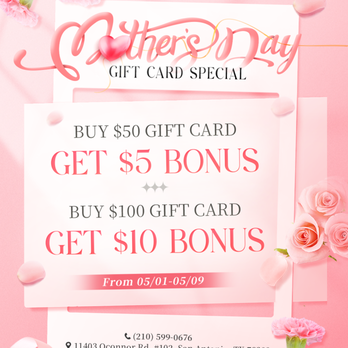O'Connor Nail & Spa - SHOW MOM SOME LOVE WITH THE PERFECT GIFT!
Get ready for Mother's Day with our Gift Card Special at O'Connor Nail & Spa!
Treat the s - Nail Salons Near Me - San Antonio, Texas O'Connor Nail & Spa - SHOW MOM SOME LOVE WITH THE PERFECT GIFT!
Get ready for Mother's Day with our Gift Card Special at O'Connor Nail & Spa!
Treat the s - Nail Salons Near Me - San Antonio, Texas