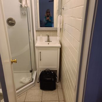 Buckeye Tree Lodge & Cabins - That tiny vanity is only slightly wider than my 14" backpack. Now squeeze around the door to get past shower to the toilet. - Hotels Near Me - Three Rivers, California Buckeye Tree Lodge & Cabins - That tiny vanity is only slightly wider than my 14" backpack. Now squeeze around the door to get past shower to the toilet. - Hotels Near Me - Three Rivers, California