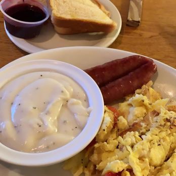 Cahawba House - Toast with mixed berry jam, sausage, scrambled eggs with veggies, and gravy. Yum. - Southern Near Me - Montgomery, Alabama