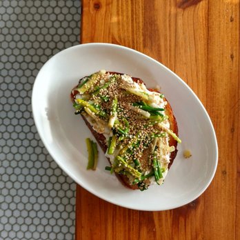 Dylan's Oyster Cellar - Ramp toast with ricotta and honey $11 - delicious, and on a thick slab of good bread too! - Seafood Near Me - Baltimore, Maryland