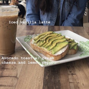 Tru Bru - Iced vanilla latte and avocado toast with cream cheese and lemon pepper - Coffee & Tea Near Me - Orange, California Tru Bru - Iced vanilla latte and avocado toast with cream cheese and lemon pepper - Coffee & Tea Near Me - Orange, California
