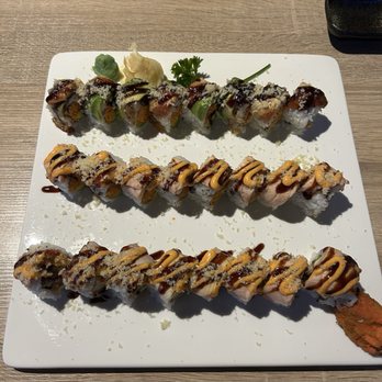 Miyake Sushi House Grill - Top to bottom: Godzilla Roll, Alaskan Beauty, and Aloha Roll - Sushi Bars Near Me - Papillion, Nebraska Miyake Sushi House Grill - Top to bottom: Godzilla Roll, Alaskan Beauty, and Aloha Roll - Sushi Bars Near Me - Papillion, Nebraska