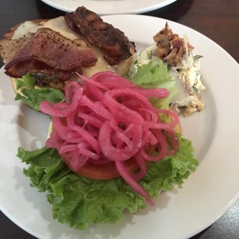 Taproom At Bayview Corner - chicken sandwich (with pickled onions) and potato salad - Beer Bar Near Me - Langley, Washington