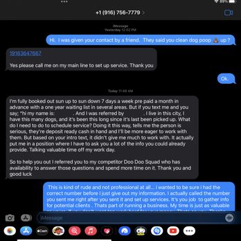 Doody Guy - My initial text about his service.  A number to call which i thought was his - it was a referral. And a random long rude  24 hr later reply - Pet Waste Removal Near Me - Sacramento, California