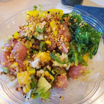 Pokemoto - BYO poké bowl- w/ ahi tuna and salmon w/ seasoned daikon, seaweed salad, tempura, garlic, scallions, mango, and aloha trio sauce - Poke Near Me - Norwood, Massachusetts Pokemoto - BYO poké bowl- w/ ahi tuna and salmon w/ seasoned daikon, seaweed salad, tempura, garlic, scallions, mango, and aloha trio sauce - Poke Near Me - Norwood, Massachusetts