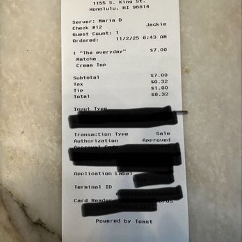 Everyday - Receipt - Cafes Near Me - Honolulu, Hawaii