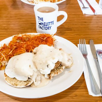 Omelette Factory Santee - Poach eggs, sausage gravy, sausage patty and my hashbrowns thin and crispy! I could only finish one of the Benedict. - Breakfast & Brunch Near Me - Santee, California Omelette Factory Santee - Poach eggs, sausage gravy, sausage patty and my hashbrowns thin and crispy! I could only finish one of the Benedict. - Breakfast & Brunch Near Me - Santee, California