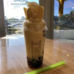 Mango/coconut, coconut milk, boba. The coconut slices on top were absolutely delicious! Mango yum too! Mango/coconut, coconut milk, boba. The coconut slices on top were absolutely delicious! Mango yum too!