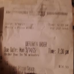 Right in the middle of my receipt: Due Date: Mon. 3/14/22 Time 7:30 Order due in 56 minutes Right in the middle of my receipt: Due Date: Mon. 3/14/22 Time 7:30 Order due in 56 minutes