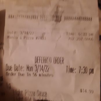 Marco's Pizza - Right in the middle of my receipt: Due Date: Mon. 3/14/22 Time 7:30 Order due in 56 minutes - Pizza Near Me - Las Vegas, Nevada Marco's Pizza - Right in the middle of my receipt: Due Date: Mon. 3/14/22 Time 7:30 Order due in 56 minutes - Pizza Near Me - Las Vegas, Nevada