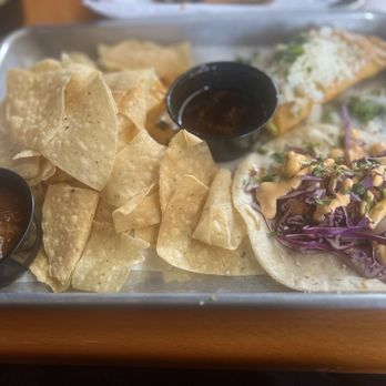 Tacocat - A Birria and A Blackened Fish Taco with Tortilla Chips and Salsa - Tacos Near Me - Augusta, Georgia