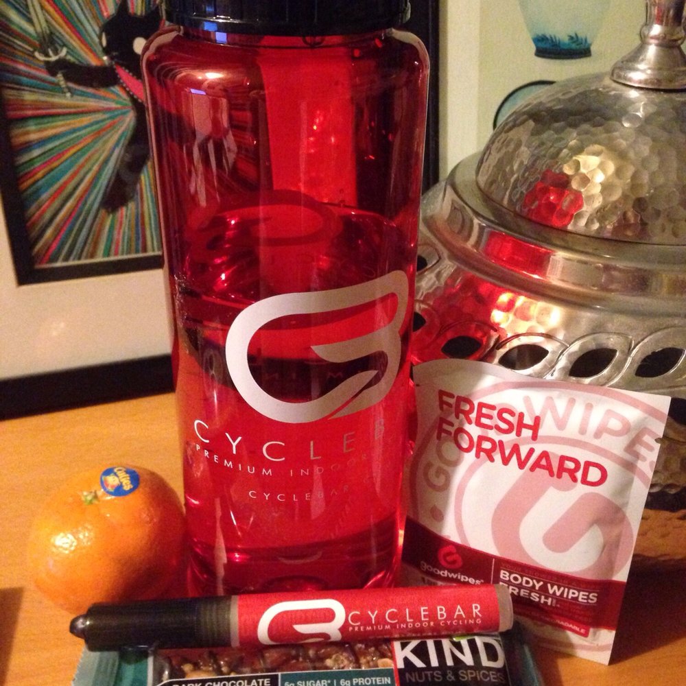 CYCLEBAR - Swag from the free intro class: water bottle, hand sanitizer, body wipe, kind bar, and cutie - Cycling Classes Near Me - Culver City, California CYCLEBAR - Swag from the free intro class: water bottle, hand sanitizer, body wipe, kind bar, and cutie - Cycling Classes Near Me - Culver City, California