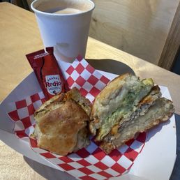 Biscuit breakfast sandwich, vanilla bean latte