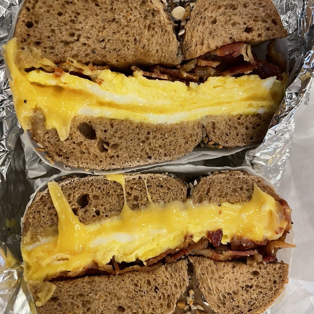 Bagel Pub - Bacon egg and cheese on a whole wheat everything bagel - Bagels Near Me - New York, New York Bagel Pub - Bacon egg and cheese on a whole wheat everything bagel - Bagels Near Me - New York, New York