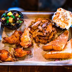 Sweet Auburn BBQ - Pulled Chicken & Smoked Wings with mac & cheese and Thai Chile Brussels Sprouts
