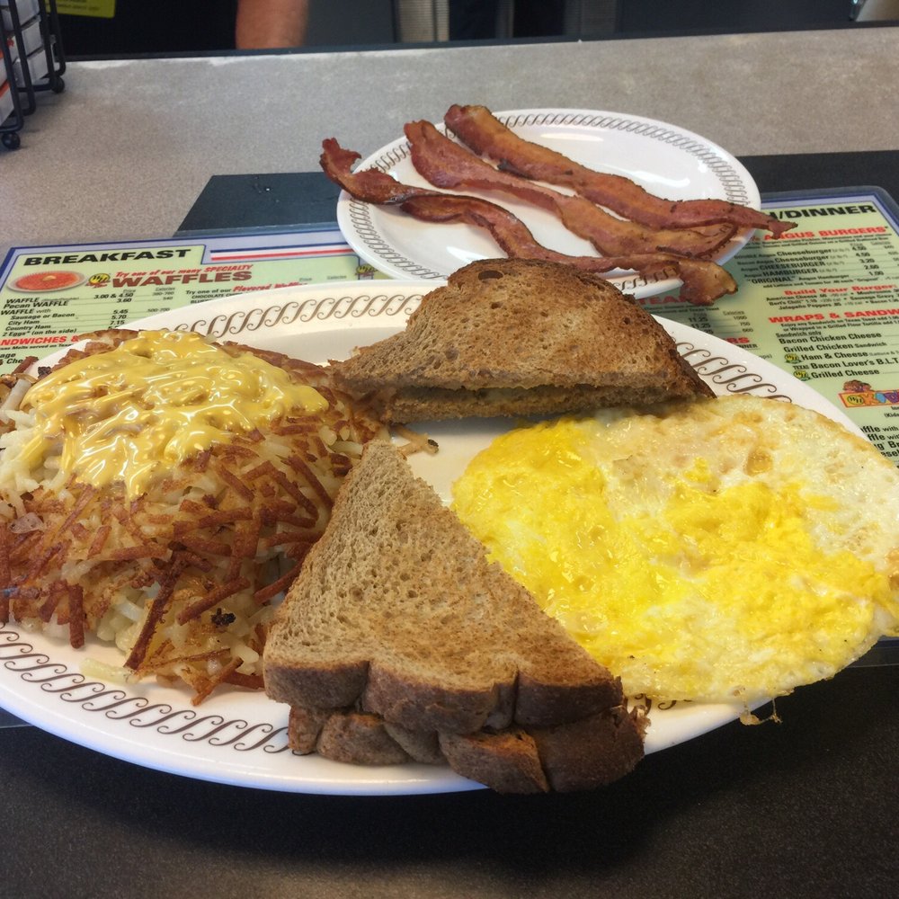 Waffle House - Bacon, eggs over hard and hash browns "smothered and covered". - American Near Me - Washington, Pennsylvania Waffle House - Bacon, eggs over hard and hash browns "smothered and covered". - American Near Me - Washington, Pennsylvania
