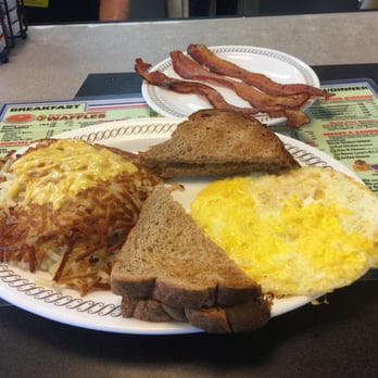 Waffle House - Bacon, eggs over hard and hash browns "smothered and covered". - American Near Me - Washington, Pennsylvania Waffle House - Bacon, eggs over hard and hash browns "smothered and covered". - American Near Me - Washington, Pennsylvania