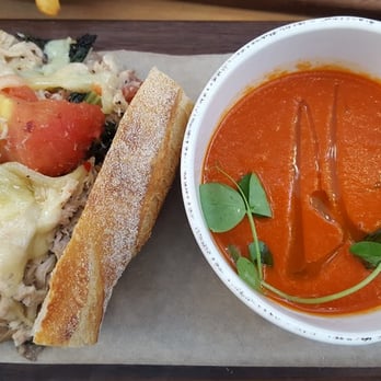 Wood Stack Pizza Kitchen - Lunch special: Pulled chicken panini and tomato soup - Pizza Near Me - Pine Brook, New Jersey