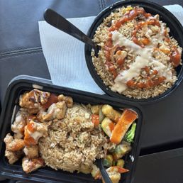 Combo Fried Rice(top)-steak, chicken & shrimp stir fried w/ egg & veggies. Hibachi Chicken(bottom) w/ fried rice & veggies. Combo Fried Rice(top)-steak, chicken & shrimp stir fried w/ egg & veggies. Hibachi Chicken(bottom) w/ fried rice & veggies.