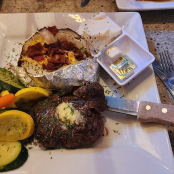 Miner's Claim - 10oz filet mignon, baked potato, mixed vegetables. - Seafood Near Me - Silt, Colorado Miner's Claim - 10oz filet mignon, baked potato, mixed vegetables. - Seafood Near Me - Silt, Colorado