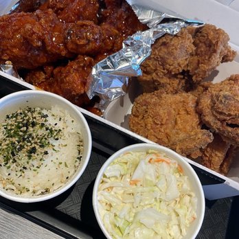 bb.q Chicken Kahala - Half and Half Secret Sauce chicken with side of Steamed Rice and side of Coleslaw - Chicken Wings Near Me - Honolulu, Hawaii