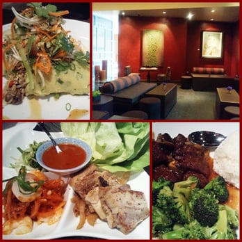 AnQi Bistro - VN Crepe Salad - $13, Casual dining area, Kurobuta Pork Belly Lettuce Wrap - $14, Flamed Tossed Cubes of Filet Mignon - $19 - Asian Fusion Near Me - Costa Mesa, California