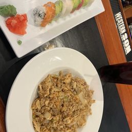 Rainbow roll and chicken Fried Rice Dinner Rainbow roll and chicken Fried Rice Dinner