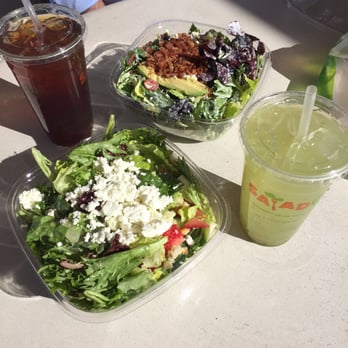 Salad and Go - (Front) Strawberry & roasted sweet potato salad w/ goat cheese. (Back) Cobb salad (w/o egg). Iced tea, cucumber mint lemonade! - Salad Near Me - Gilbert, Arizona Salad and Go - (Front) Strawberry & roasted sweet potato salad w/ goat cheese. (Back) Cobb salad (w/o egg). Iced tea, cucumber mint lemonade! - Salad Near Me - Gilbert, Arizona