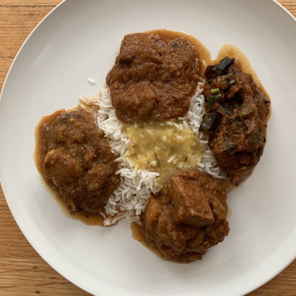 Gurkha Himalayan Kitchen - Goat curry, lamb curry, okra curry, jackfruit curry, rice and what looked like a watery dahl. - Himalayan/Nepalese Near Me - Vancouver, British Columbia